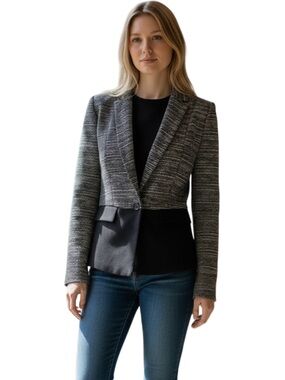 T Tahari Black/White Cotton Blend Textured One Button Short Jacket Blazer (4)